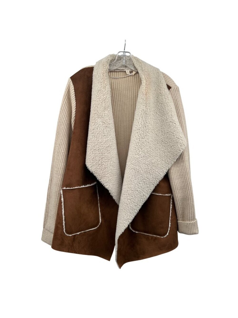 MOTH Antthropologie Womens Faux Suede Knit Jacket Faux Fur Open Cream/Brown L